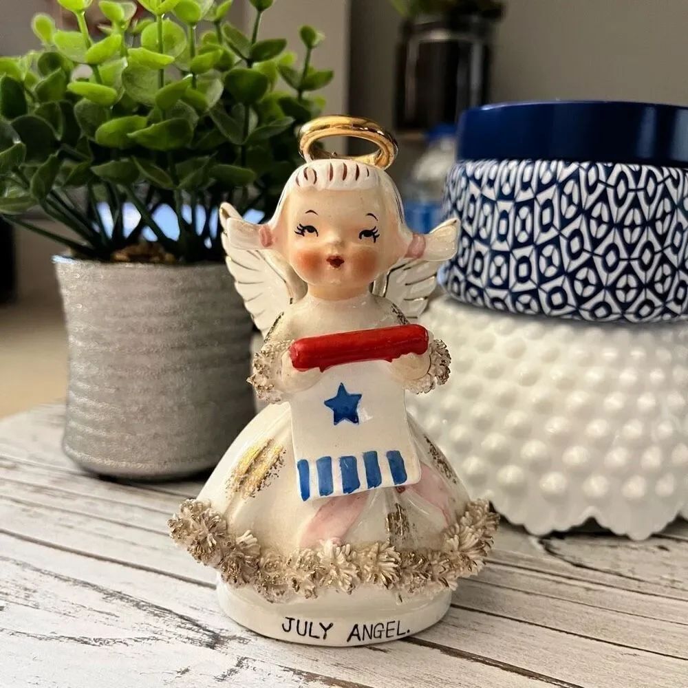 Vintage Lefton July 4th Angel Girl Holding Red White Blue Flag Banner Figurine J